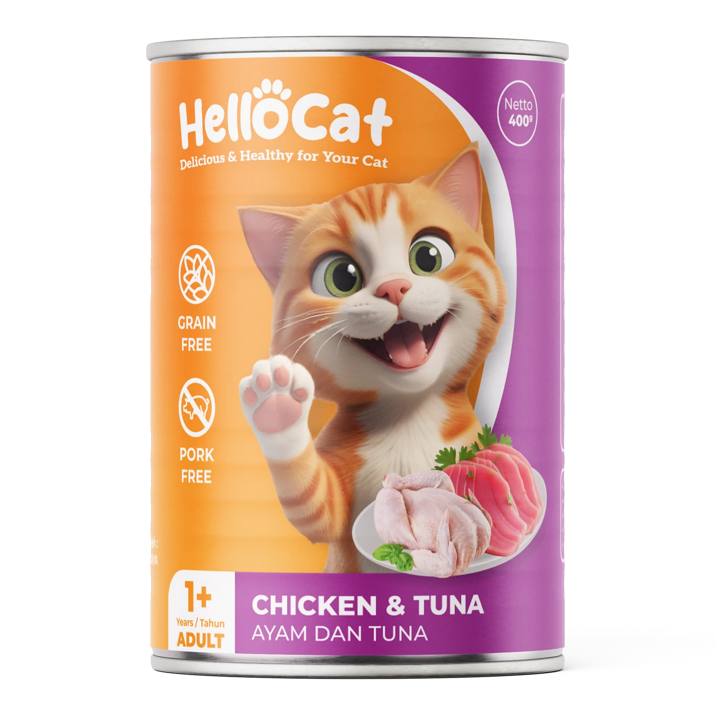 Desain kaleng HelloCat Wet Food varian Chicken and Tuna