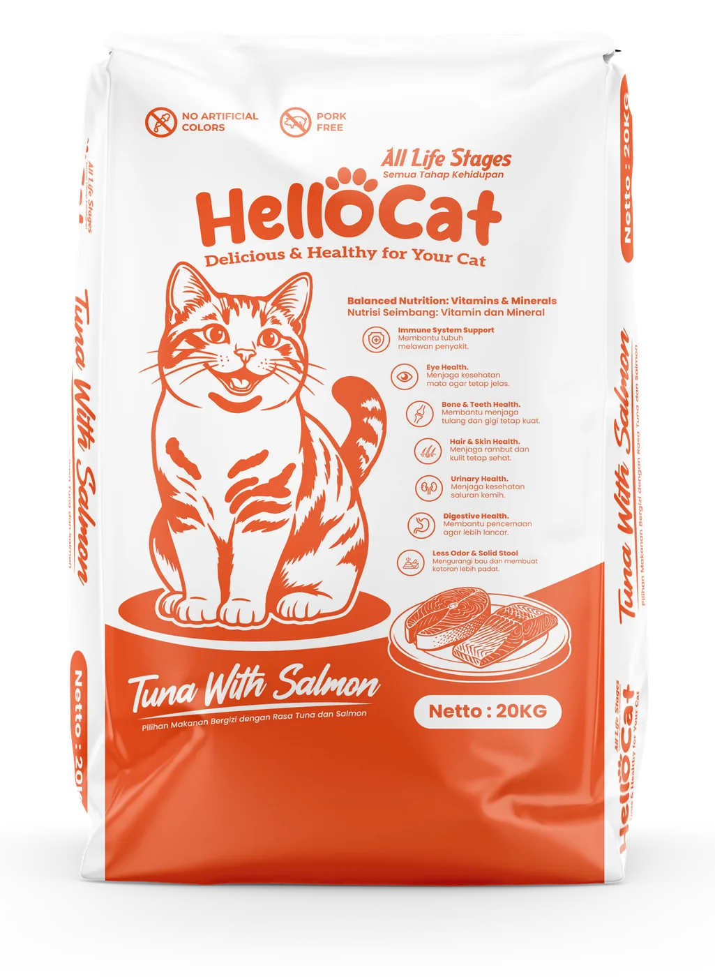 Desain kemasan HelloCat dry cat food rasa tuna dan salmon