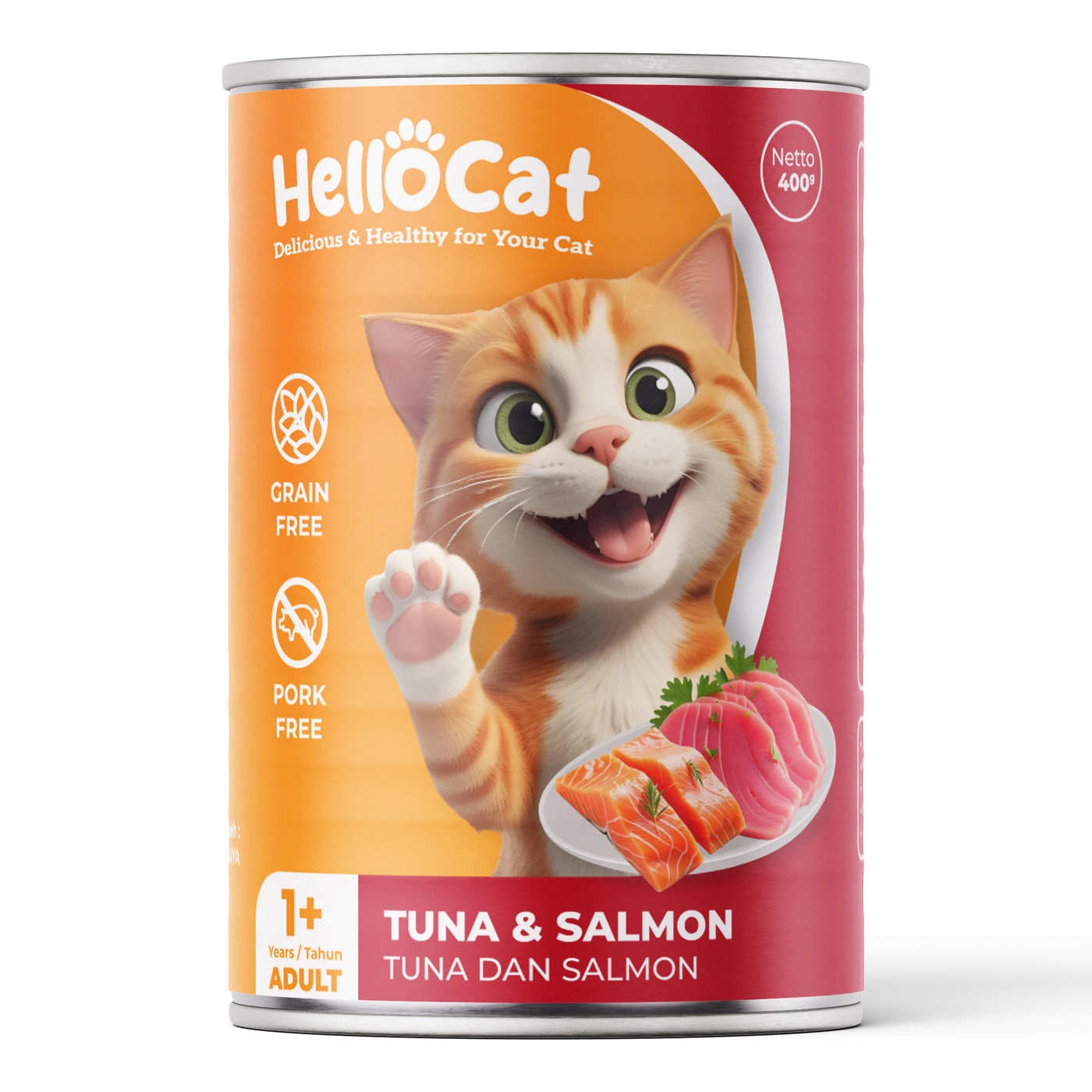 Desain kaleng HelloCat wet food adult tuna dan salmon